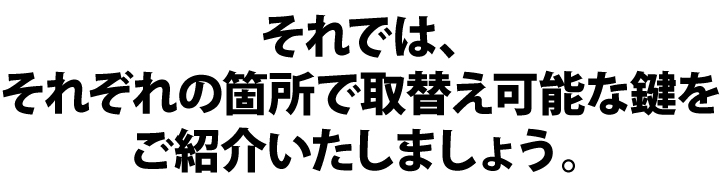 それでは、それぞれの箇所で取替え可能な鍵をご紹介いたしましょう。